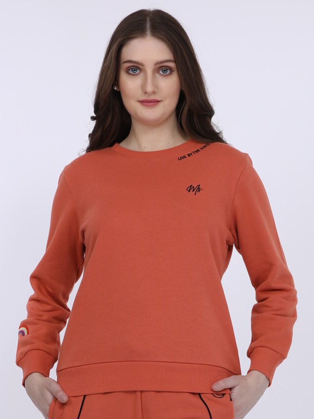 

MAYSIXTY Round Neck Long Sleeves Cotton Pullover, Rust