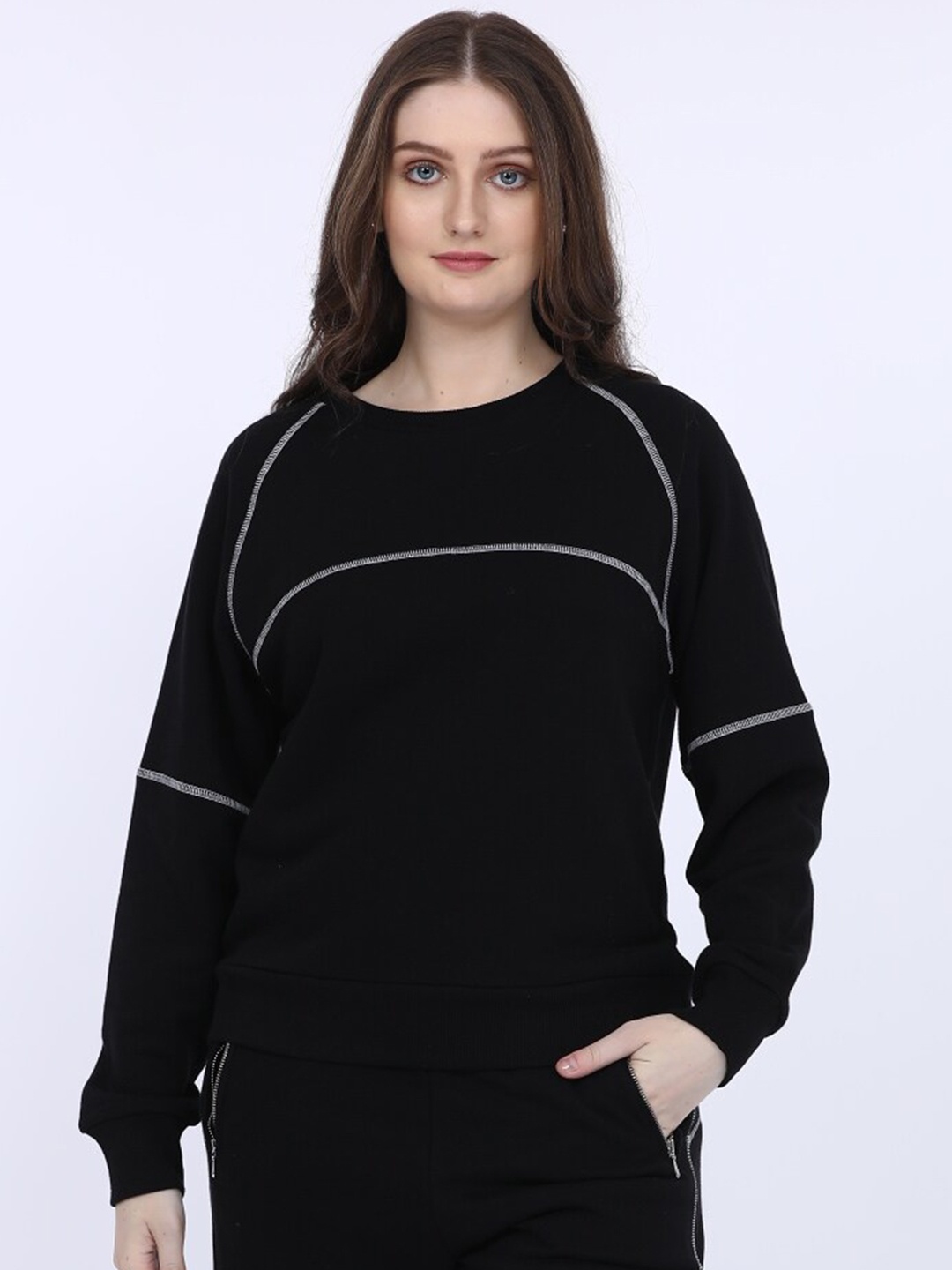 

MAYSIXTY Striped Raglan Sleeves Cotton Pullover, Black
