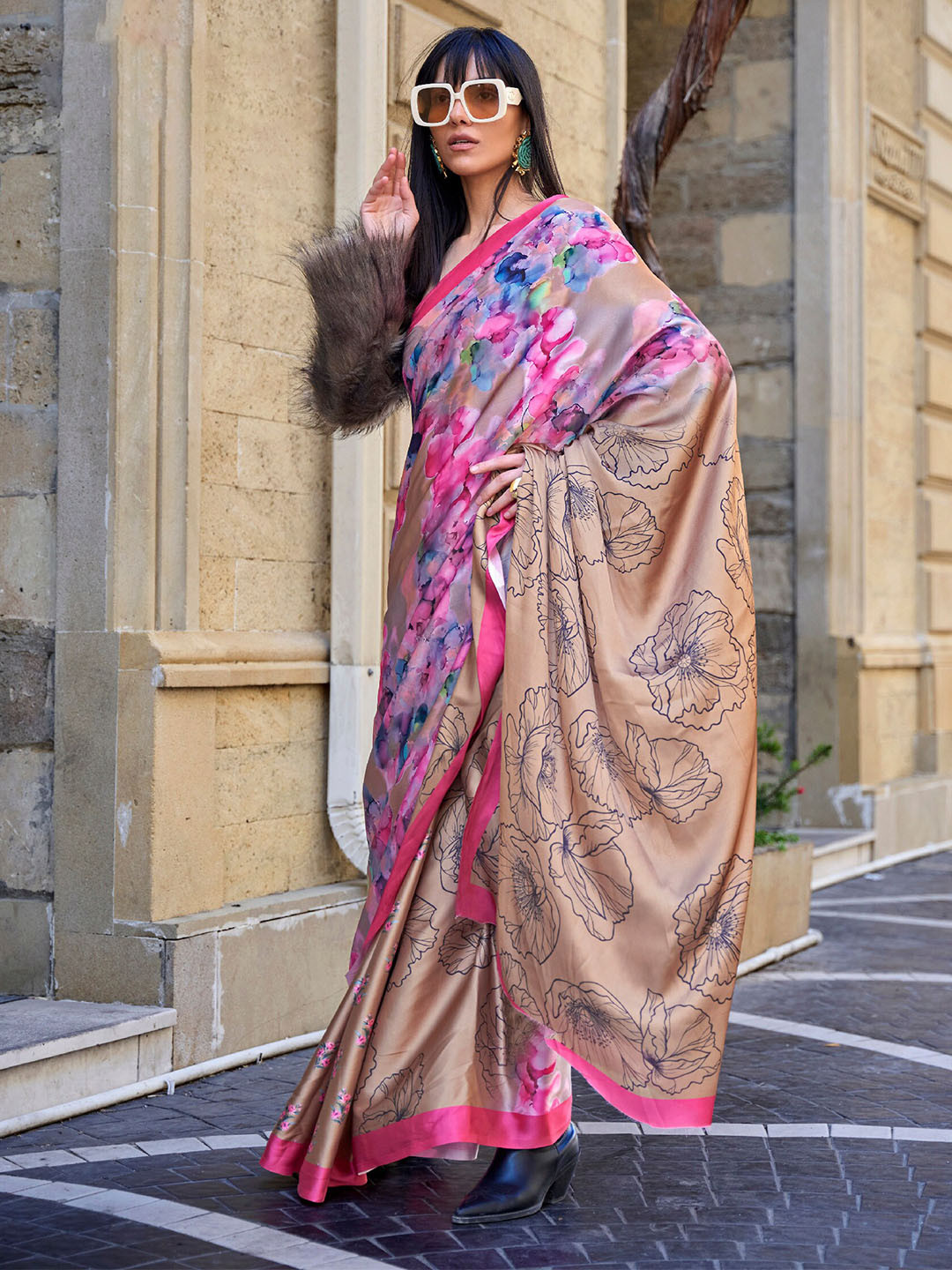 

elora Floral Printed Satin Saree, Beige