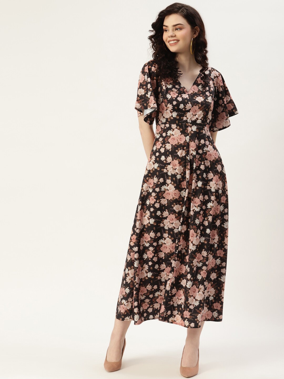 

SIRIKIT Floral Printed Gathered A-line Dress, Black