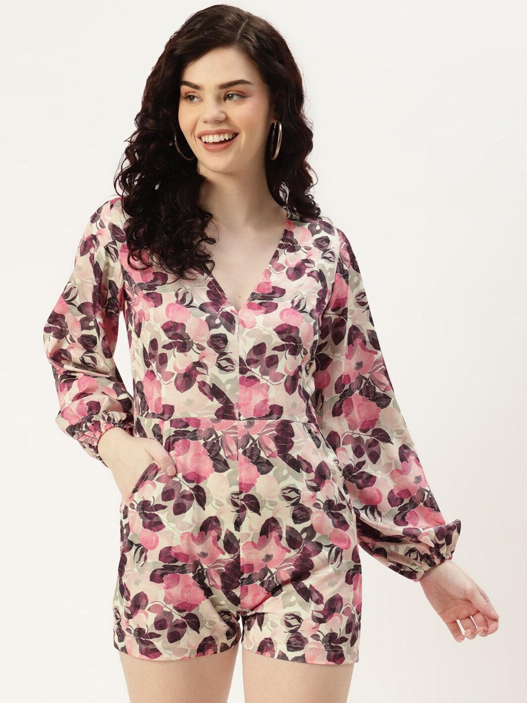 

SIRIKIT Floral Printed V-Neck Playsuit, Beige
