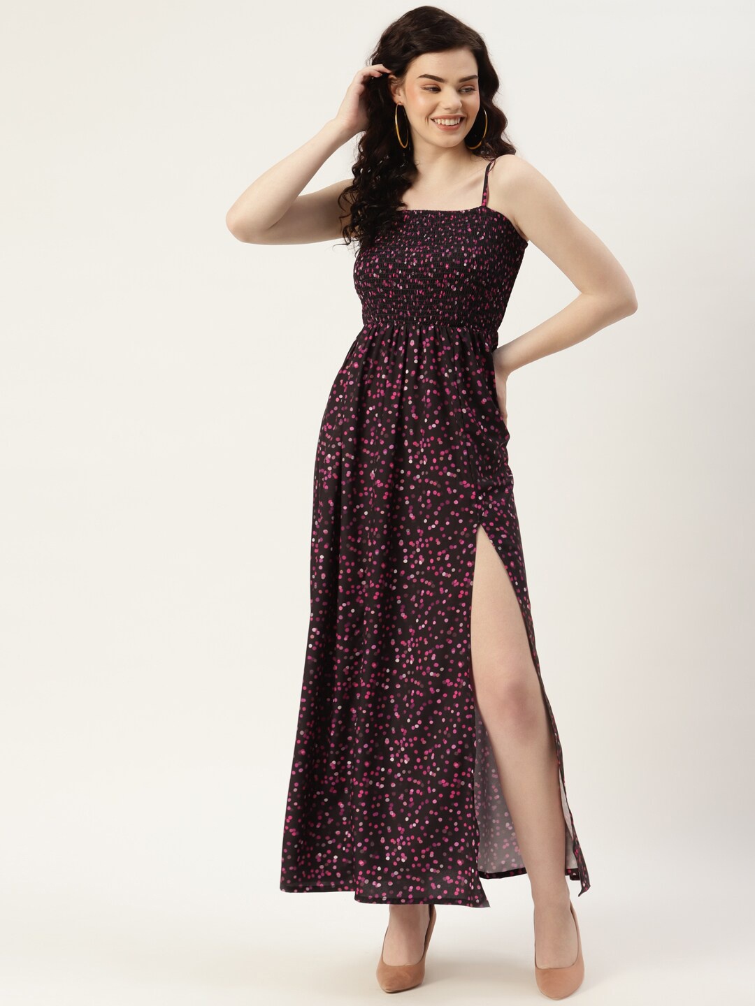 

SIRIKIT Floral Printed Sleeveless Crepe Smocked Slit Maxi Dress, Black