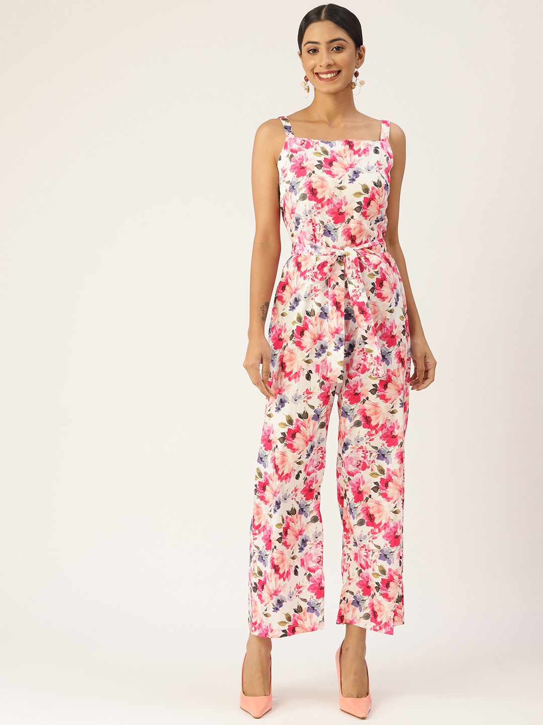 

SIRIKIT Floral Printed Shoulder Straps Waist Tie Ups Jumpsuit, Off white