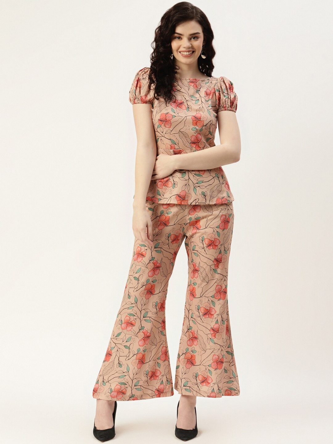 

SIRIKIT Floral Printed Puff Sleeve Top With Flared Trouser, Beige