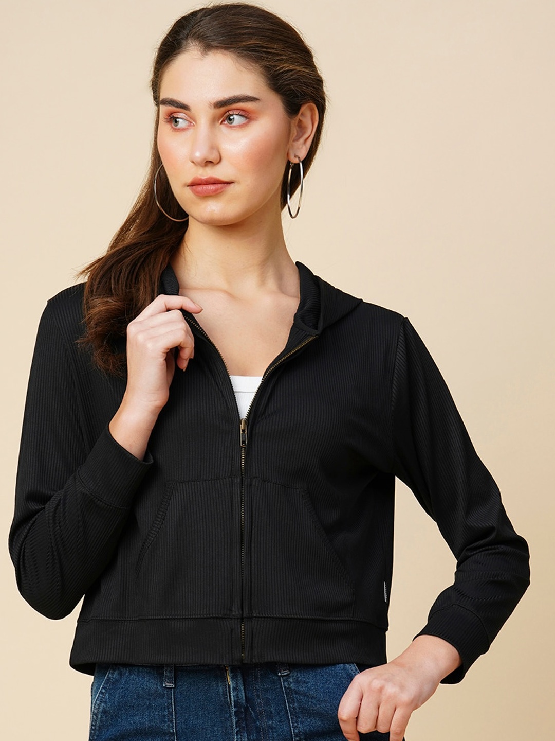 

Chemistry Ribbed Cropped Hooded Tailored Jacket, Black