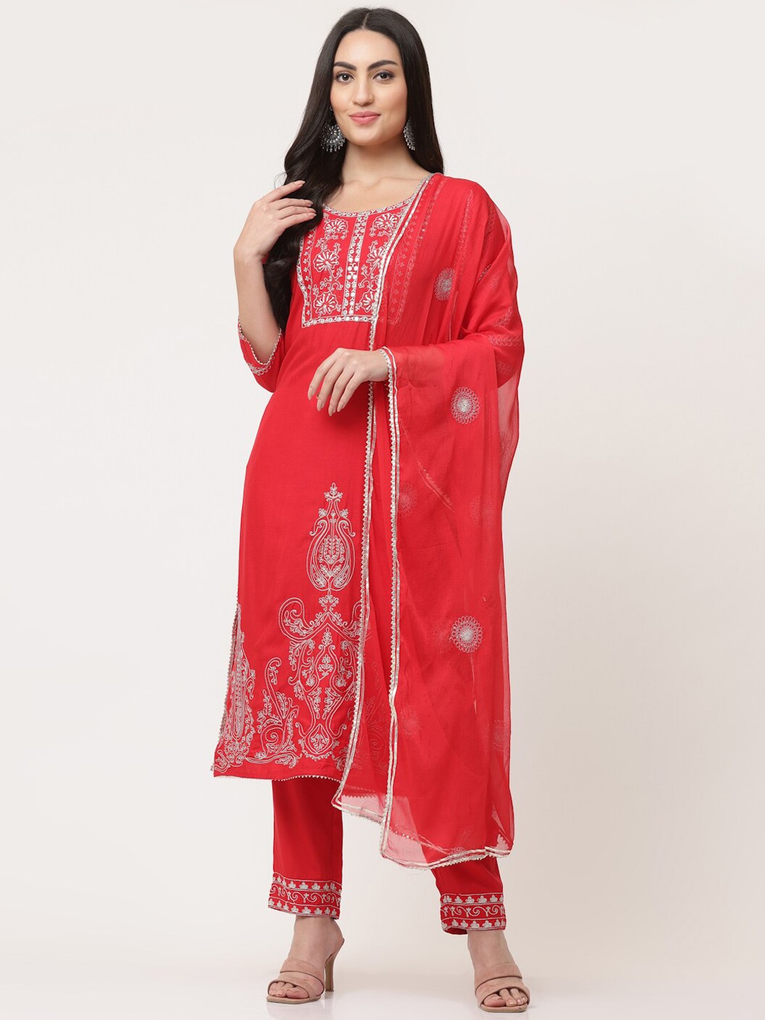 

SAVI Embroidered Kurta & Trousers Set With Dupatta, Red