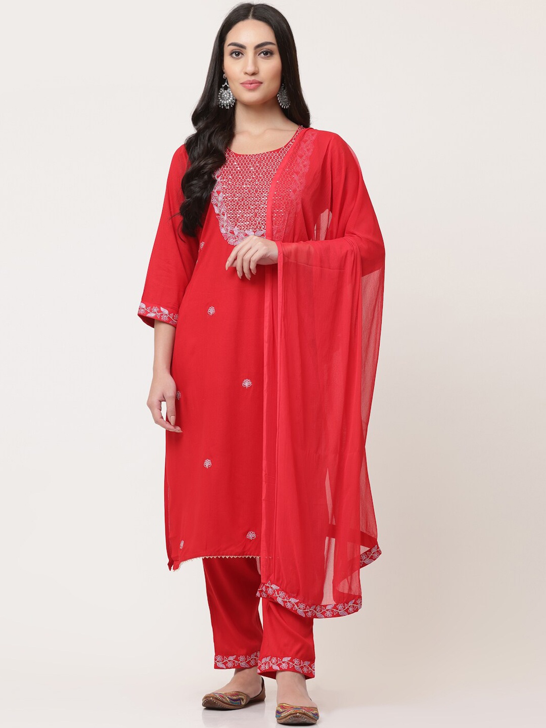 

SAVI Embroidered Kurta & Trousers Set With Dupatta, Red
