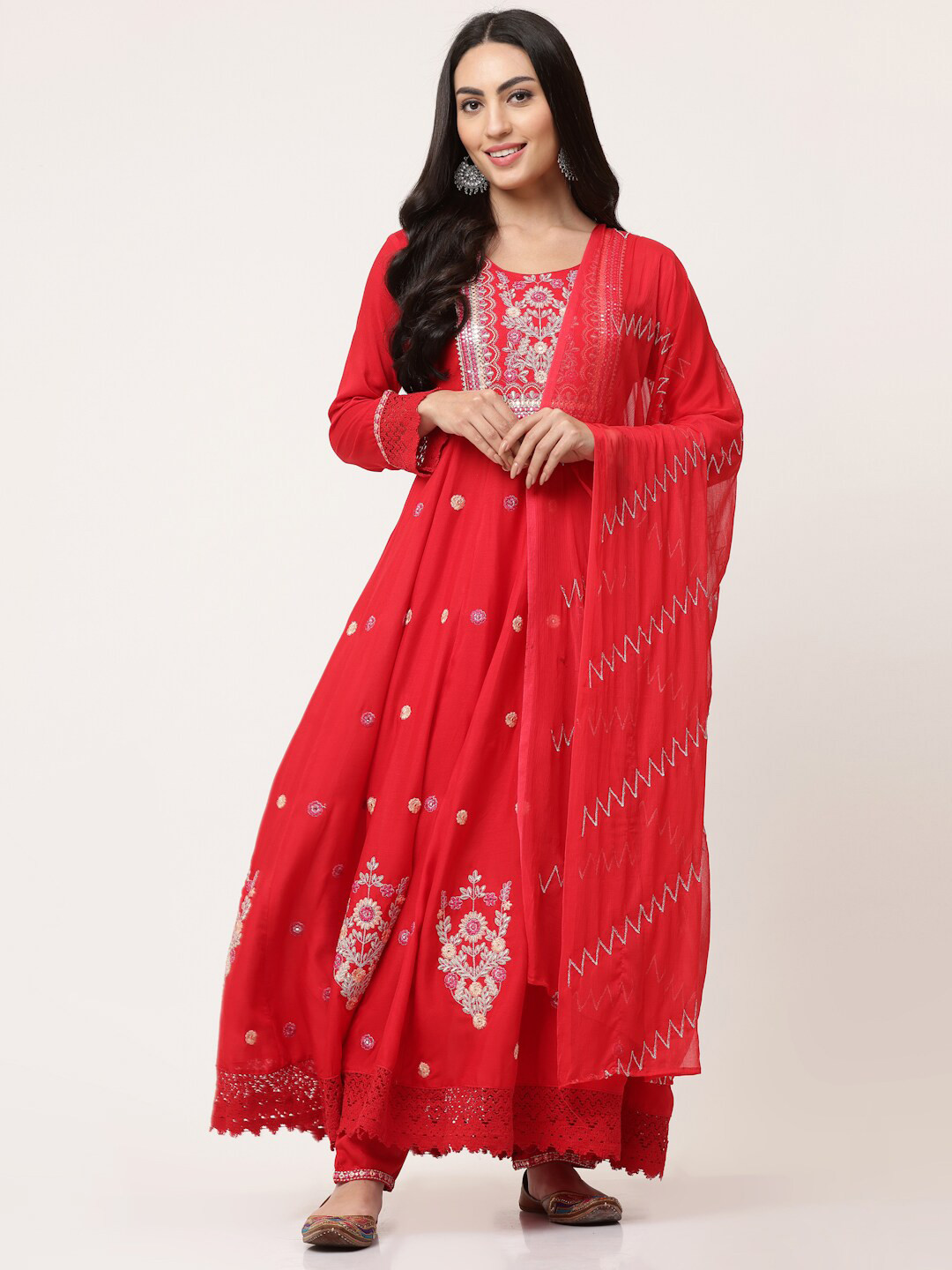 

SAVI Embroidered Gathered Kurta & Trousers Set With Dupatta, Red