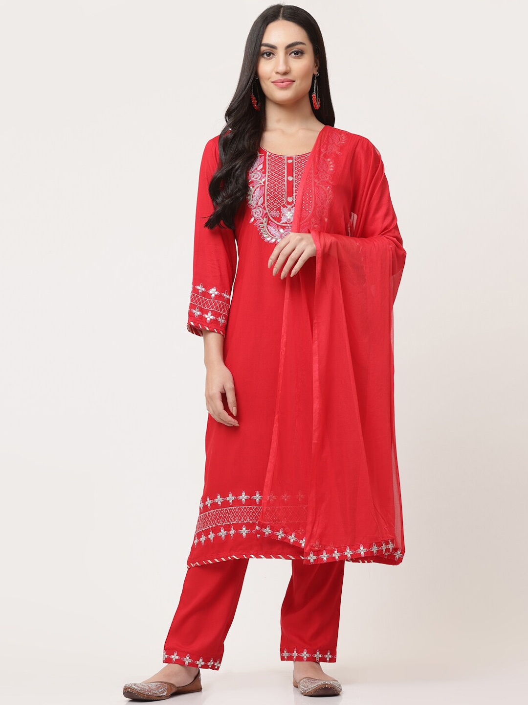 

SAVI Embellished Kurta & Trousers Set With Dupatta, Red