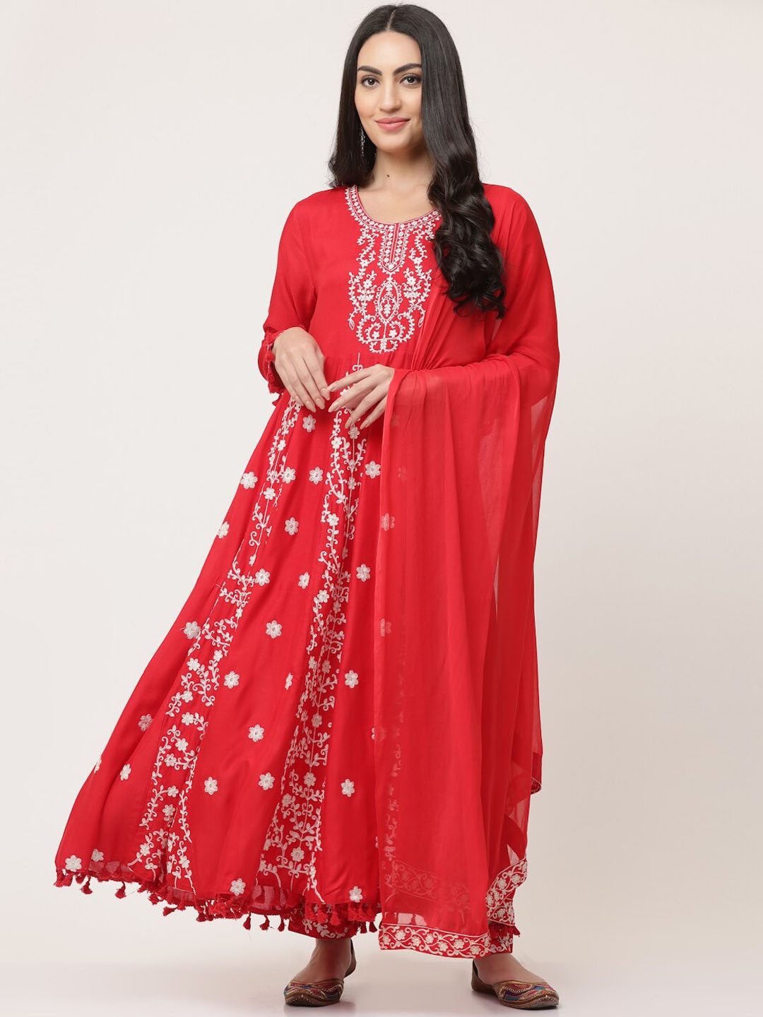 

SAVI Embroidered Gathered Kurta & Trousers Set With Dupatta, Red