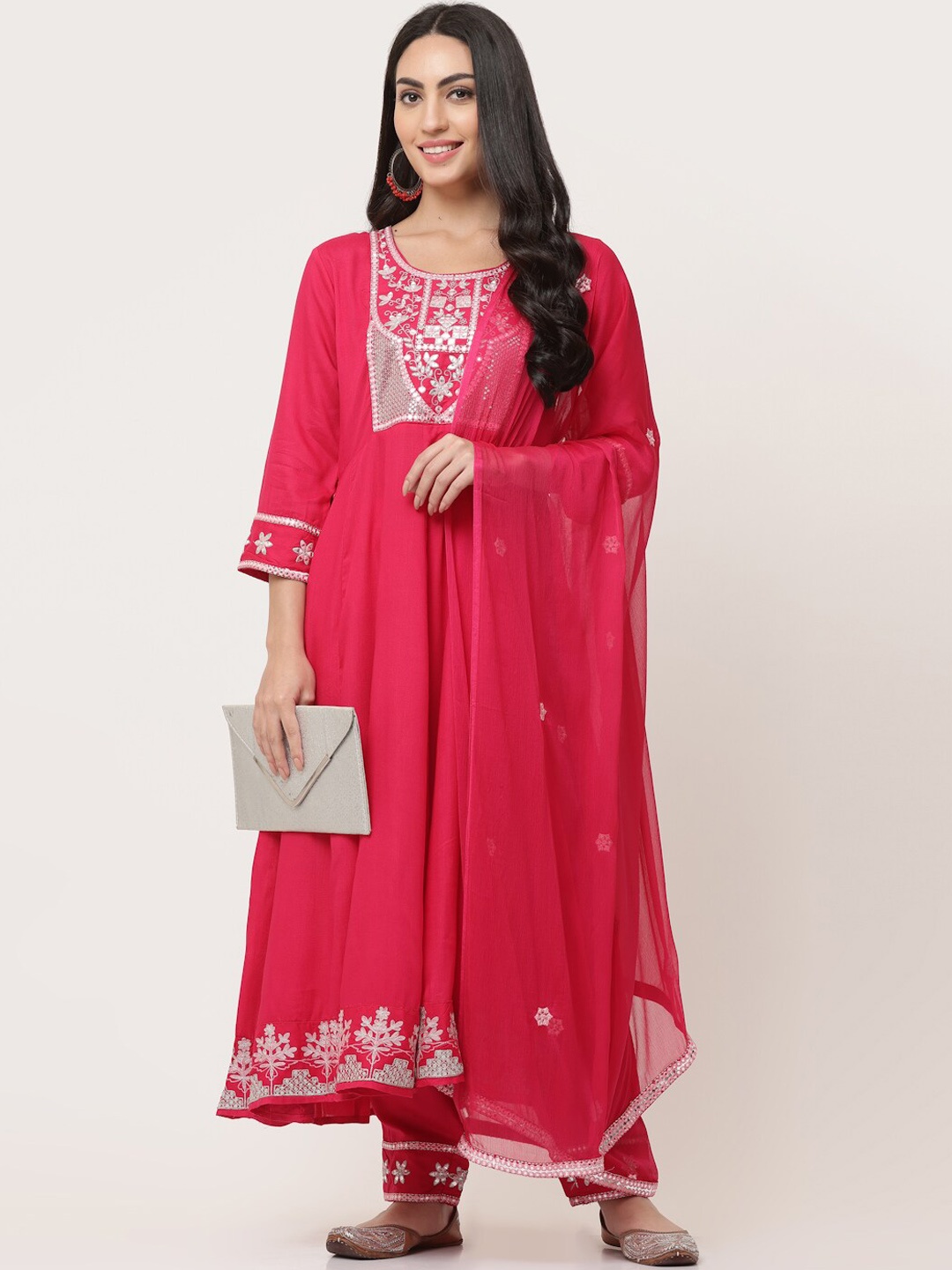 

SAVI Embellished Gathered Kurta & Trousers Set With Dupatta, Pink