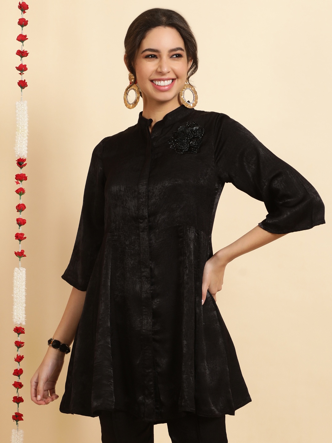 

Jaipur Kurti Empire Style Velvet A-Line Top With Trousers, Black