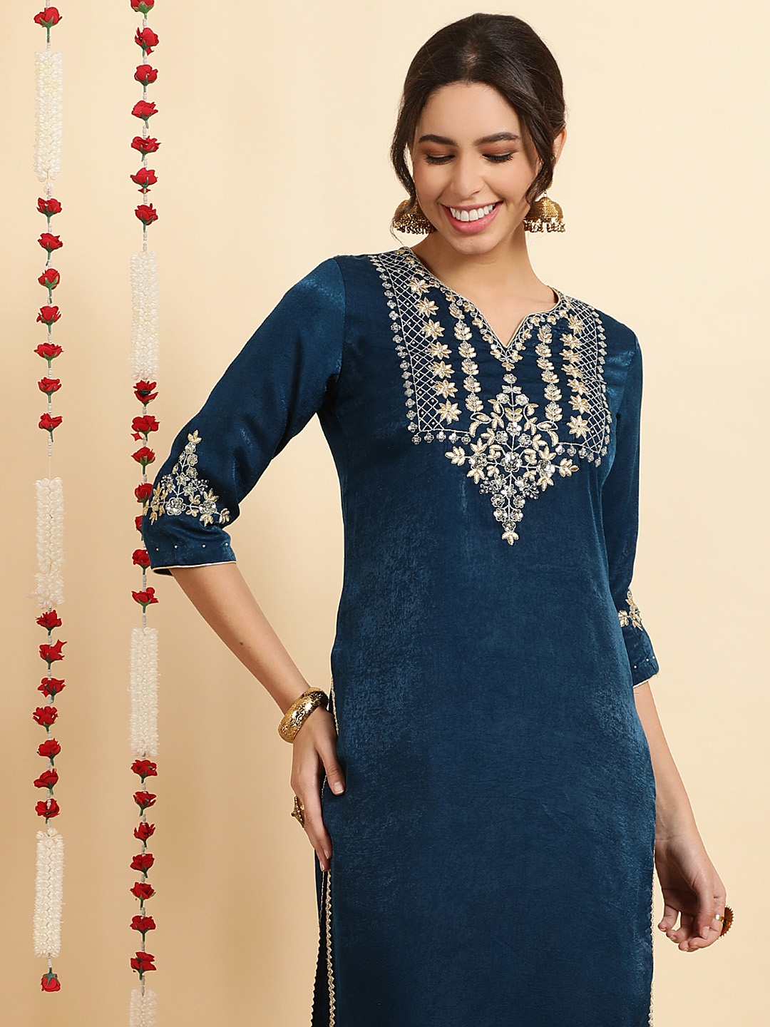 

Jaipur Kurti Yoke Design Sequinned Regular Velvet Kurta With Trousers, Teal