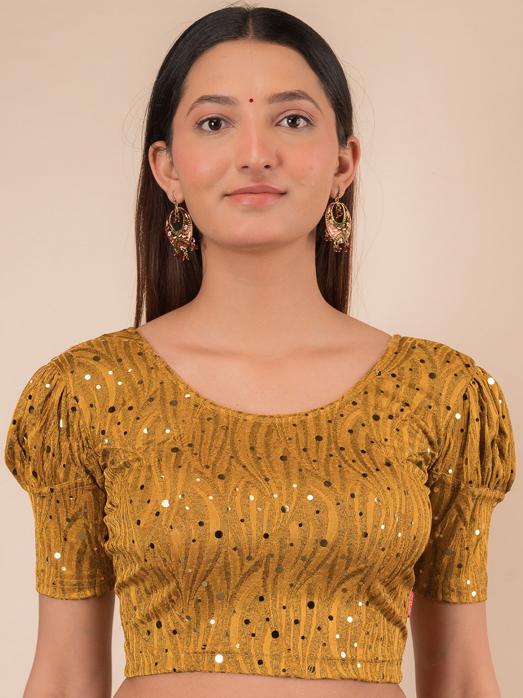 

Bindigasm's Advi Embellished Jacquard Stretchable Saree Blouse, Mustard