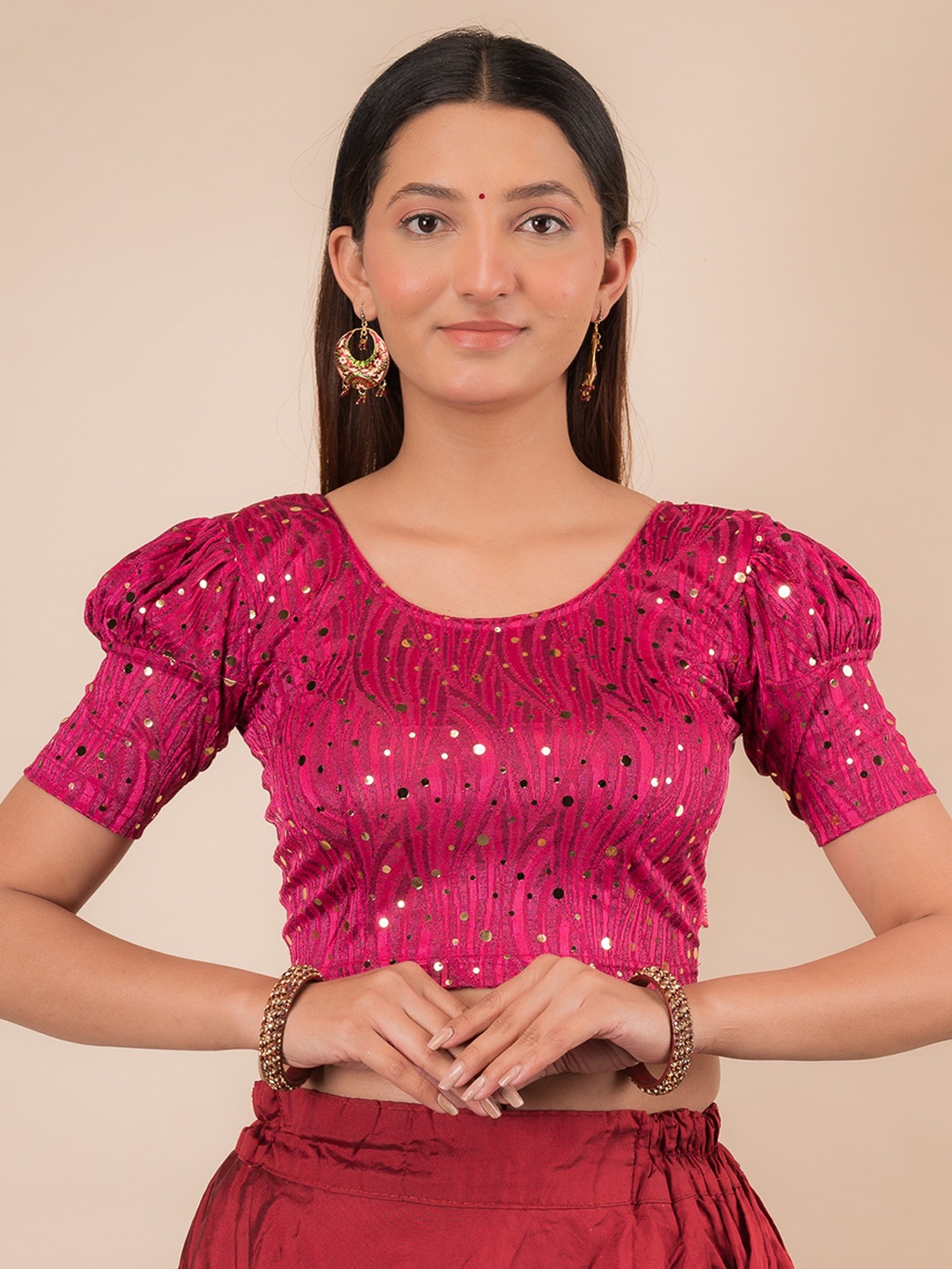 

Bindigasm's Advi Embellished Jacquard Stretchable Saree Blouse, Pink
