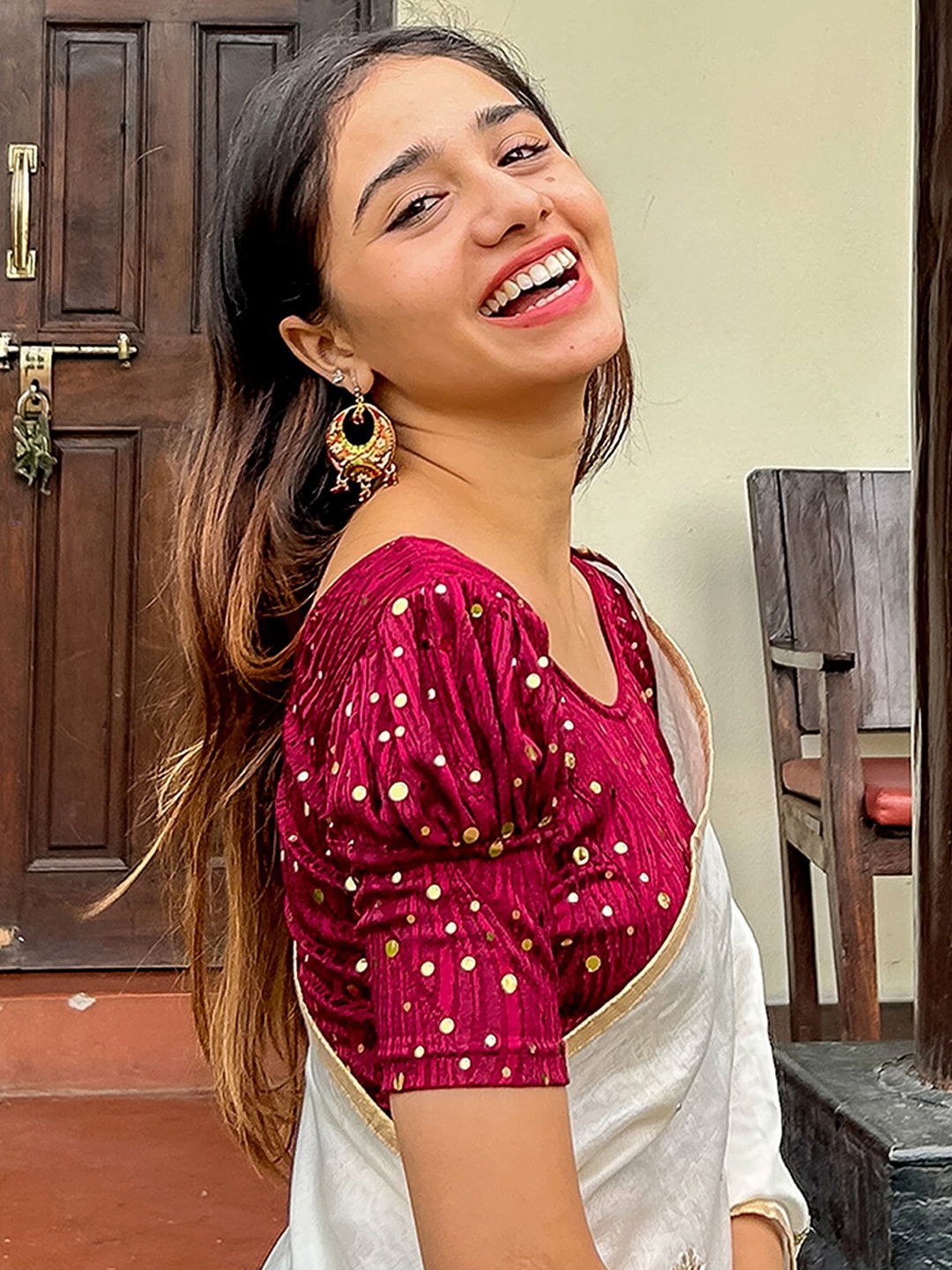 

Bindigasm's Advi Embellished Stretchable Jacquard Saree Blouse, Maroon