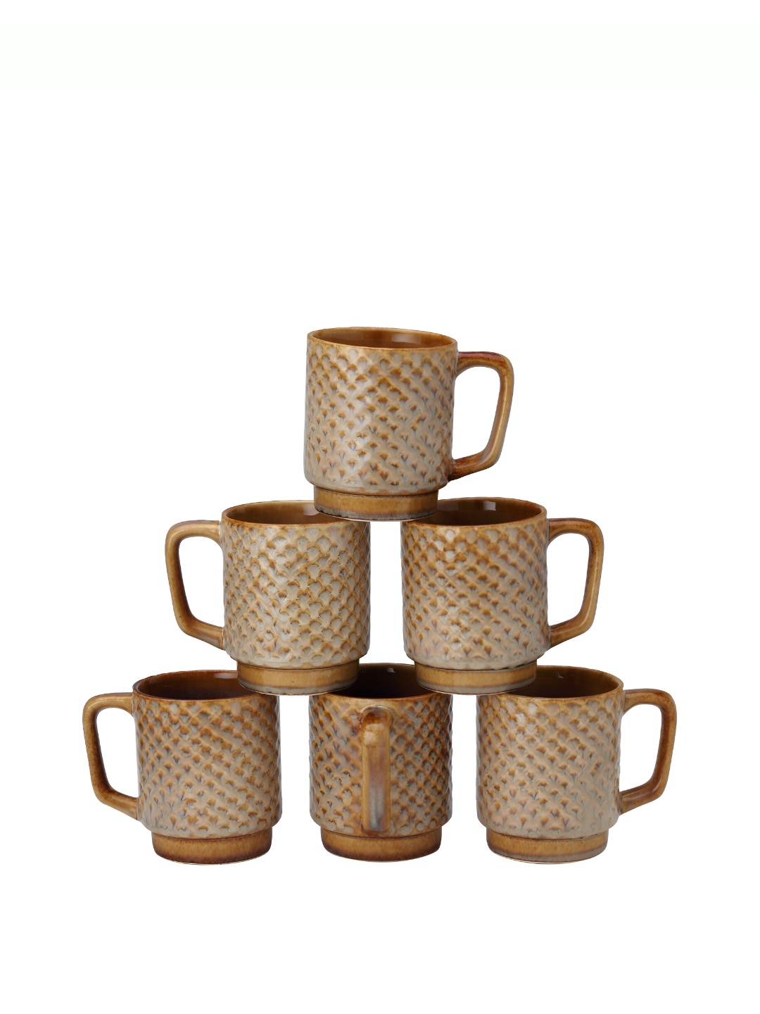 

BODHI HOUSE Brown 6 Pieces Textured Ceramic Glossy Coffee Mugs 275 ML Each