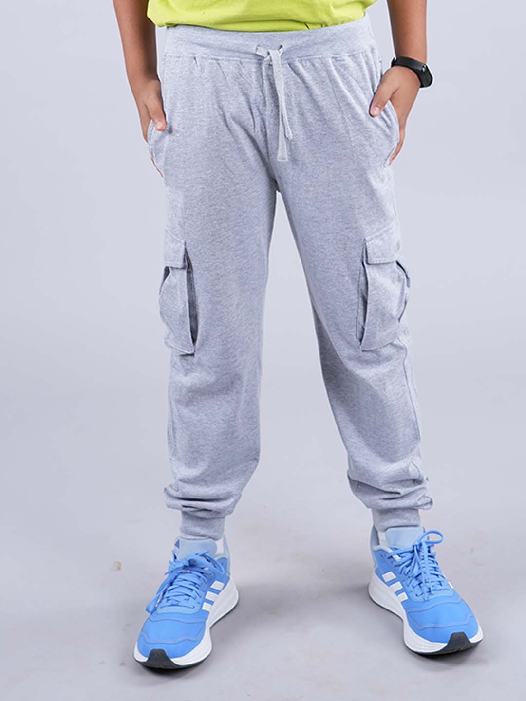 

KiddoPanti Boys Pure Cotton Cargo Joggers, Grey melange