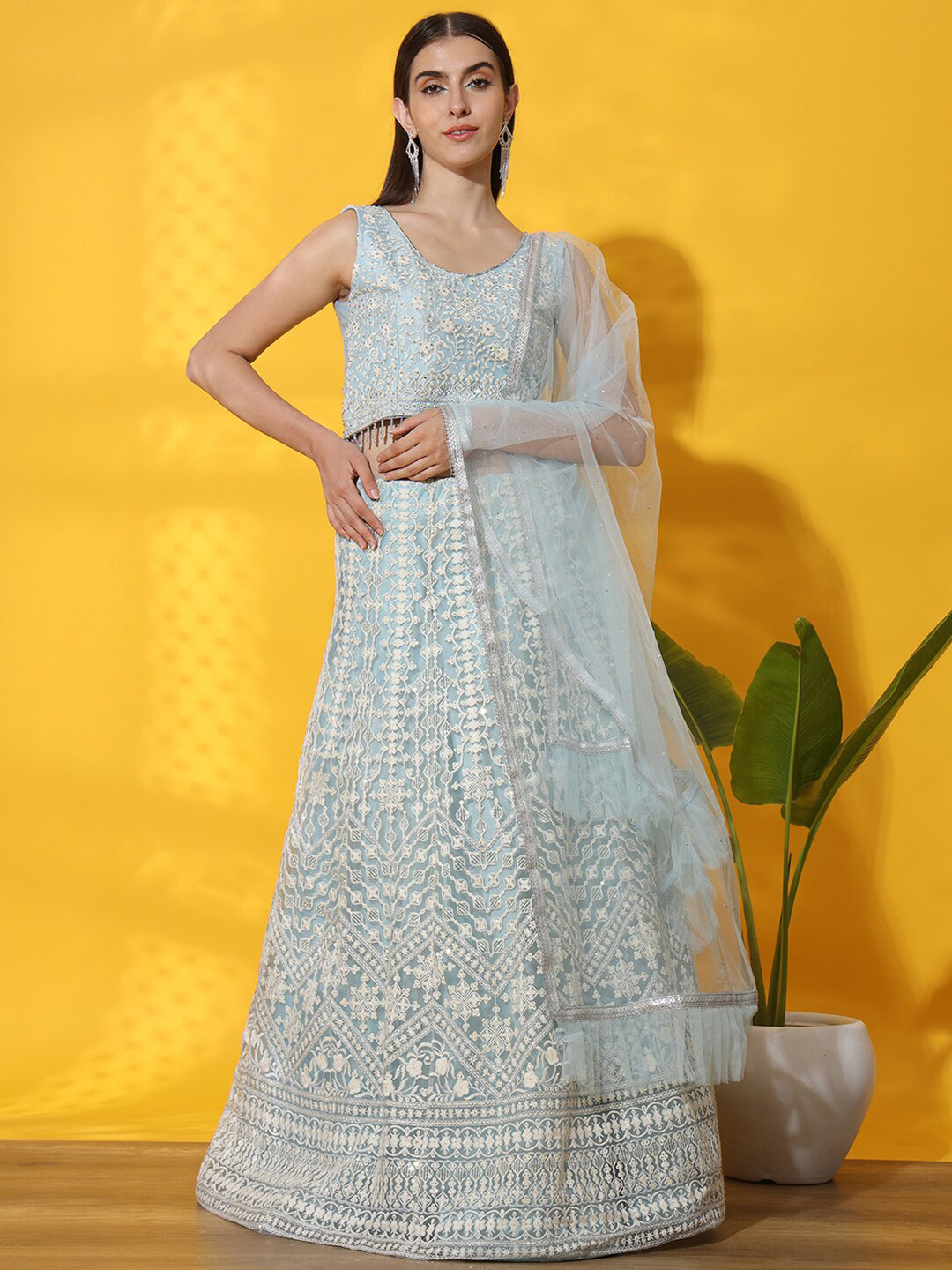 

Chhabra 555 Chikankari Embroidered Made to Measure Lehenga & Choli With Dupatta, Turquoise blue