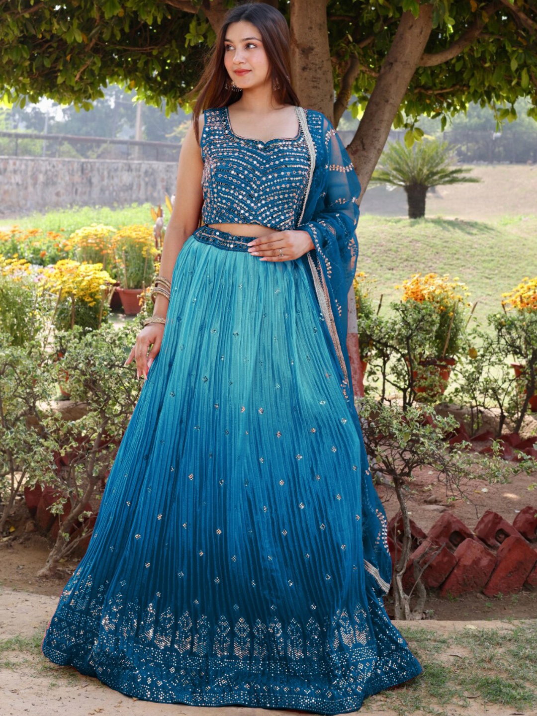 

Chhabra 555 Mukaish Embellished Mirror Detail Made to Measure Lehenga & Choli With Dupatta, Blue