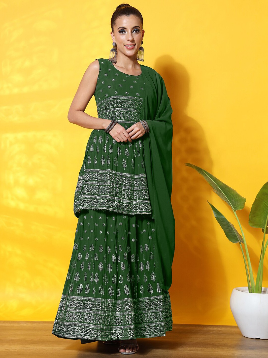 

Chhabra 555 Green Foil Printed A-Line Kurti With Skirt & Dupatta