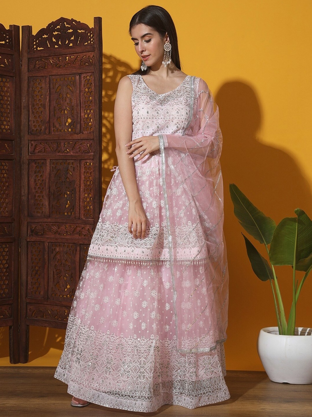 

Chhabra 555 Pink Embroidered A-Line Kurti With Skirt & Dupatta