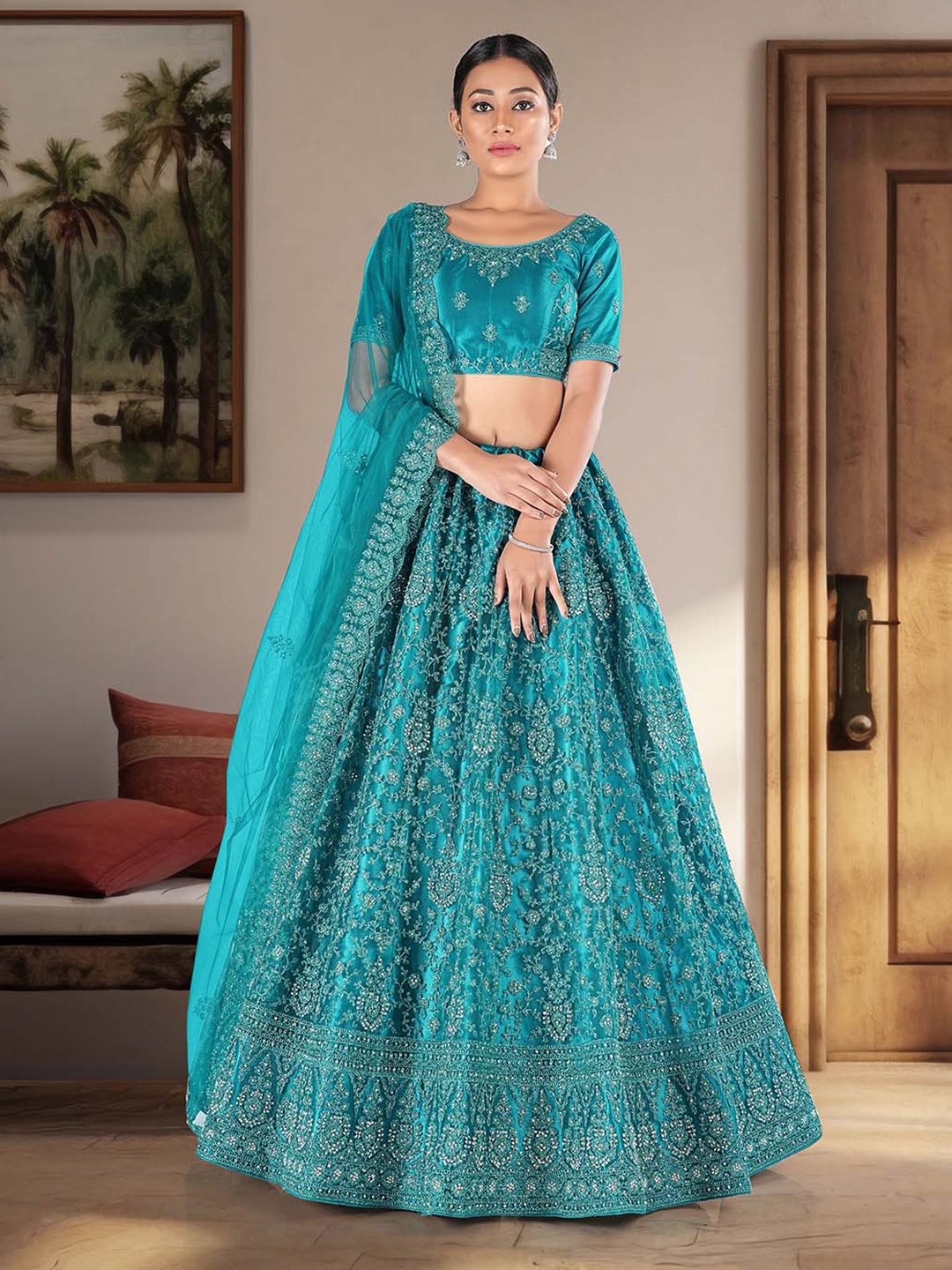 

HALFSAREE STUDIO Embroidered Zari Semi-Stitched Lehenga & Unstitched Blouse With Dupatta, Blue