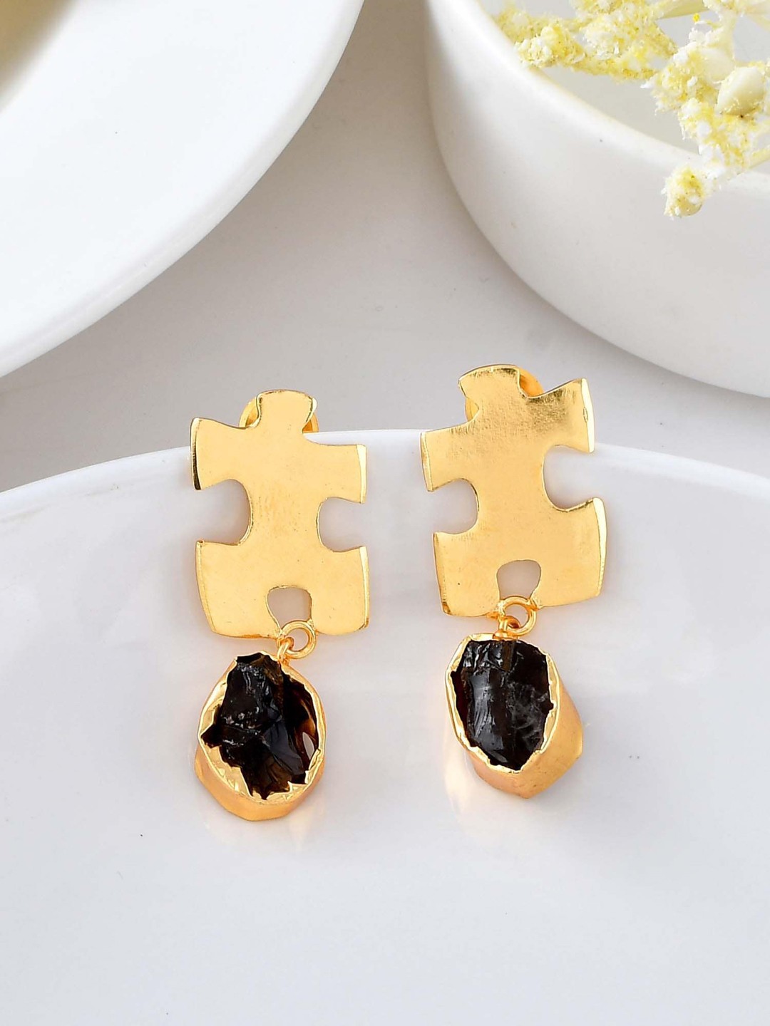 

ZURII Brass-Plated Stone Studded Contemporary Drop Earrings, Black