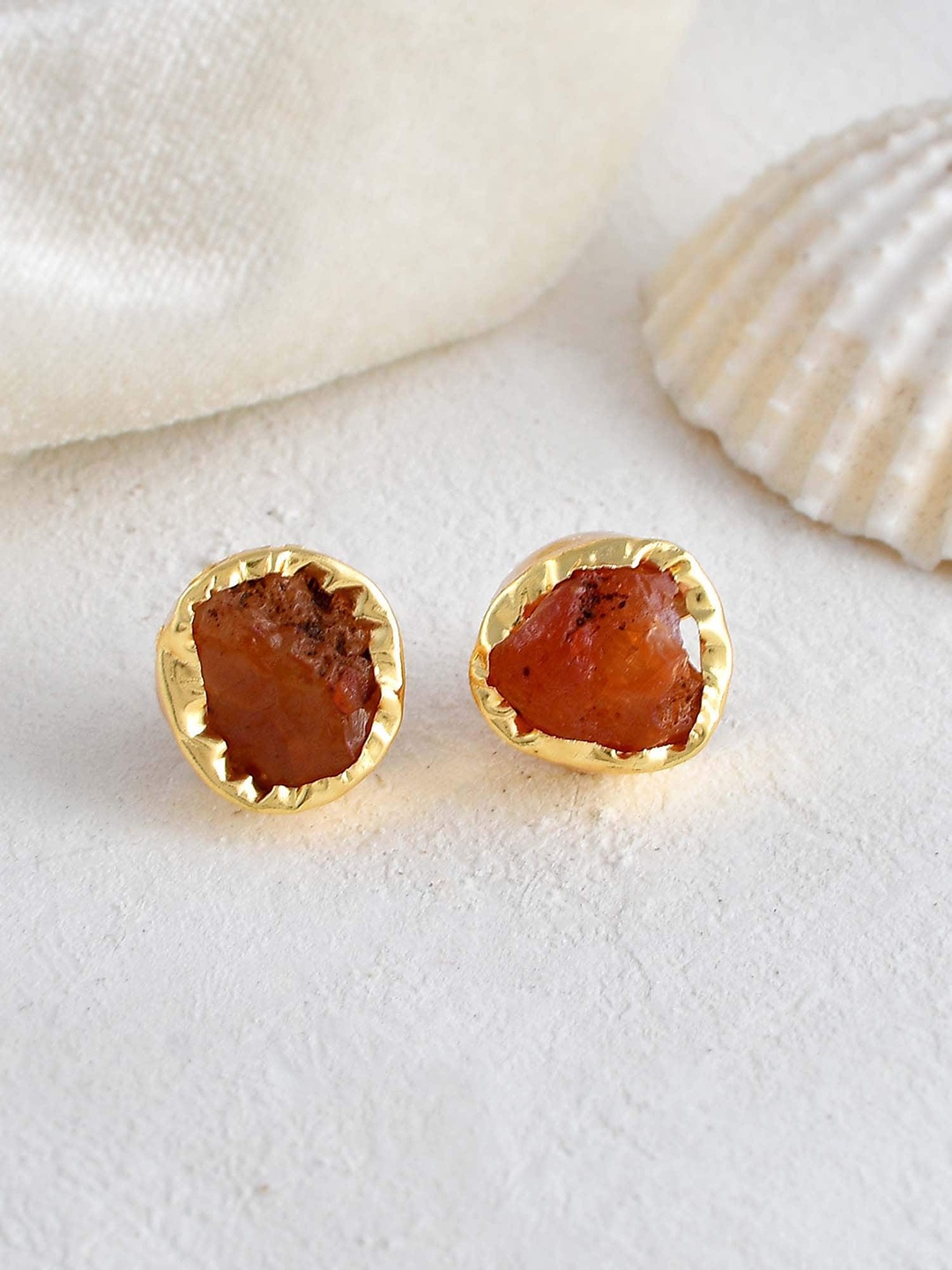 

ZURII Brass-Plated Stone Studded Contemporary Stud Earrings, Orange