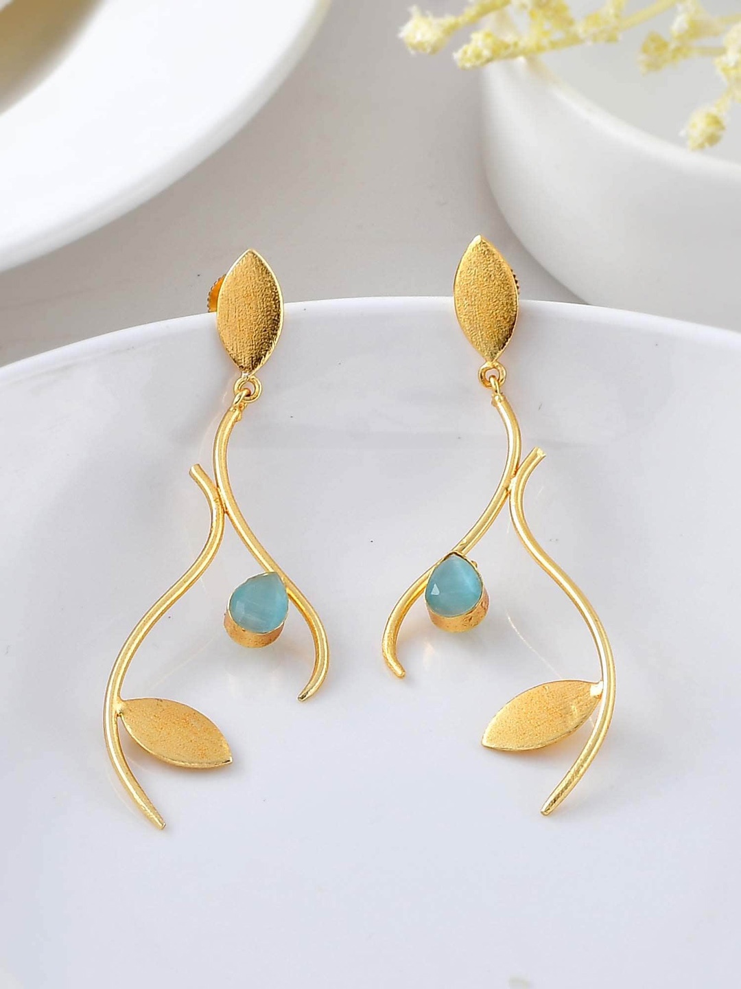 

ZURII Brass-Plated Stone Studded Contemporary Drop Earrings, Blue
