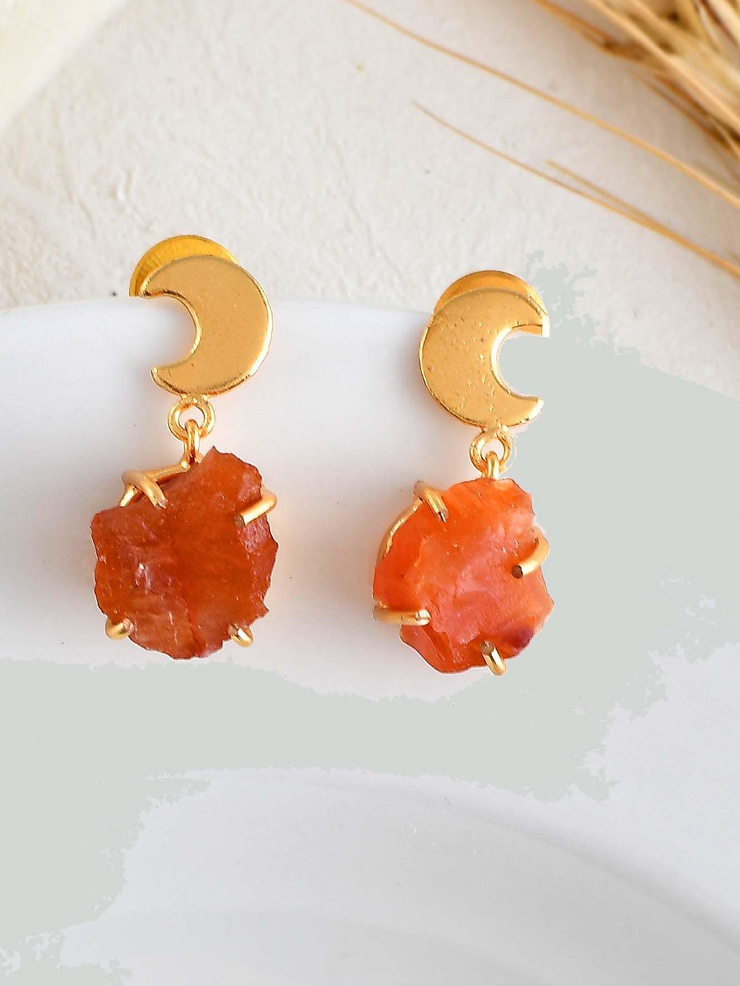 

ZURII Stones Studded Crescent Shaped Drop Earrings, Gold