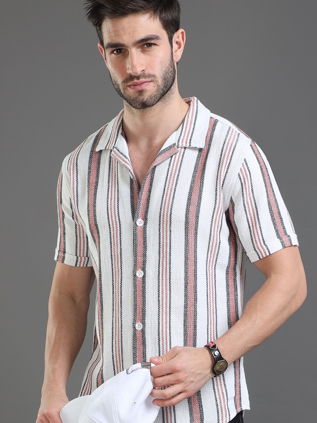 

HERE&NOW Slim Fit Vertical Striped Cuban Collar Cotton Casual Shirt, White