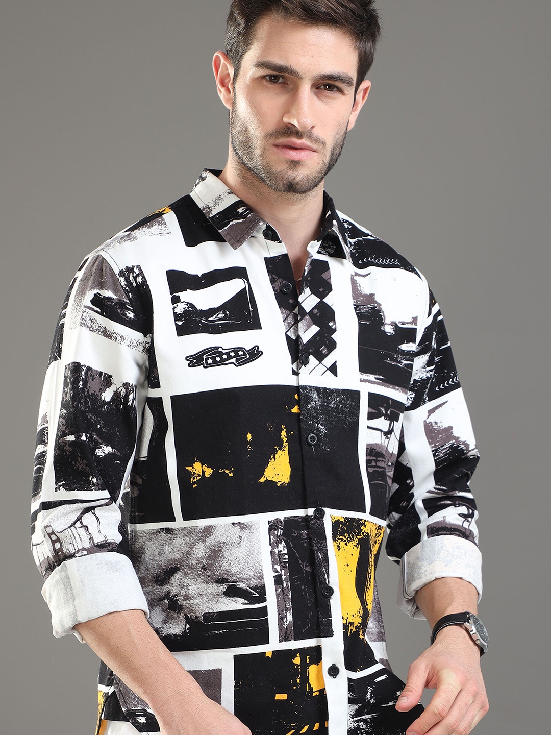 

HERE&NOW Slim Fit Graphic Printed Spread Collar Cotton Casual Shirt, White