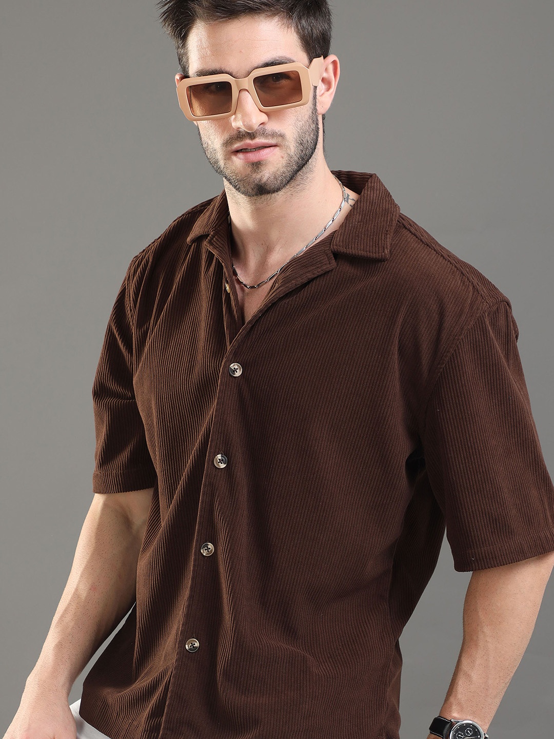 

HERE&NOW Ribbed Cuban Collar Corduroy Oversized Casual Shirt, Brown