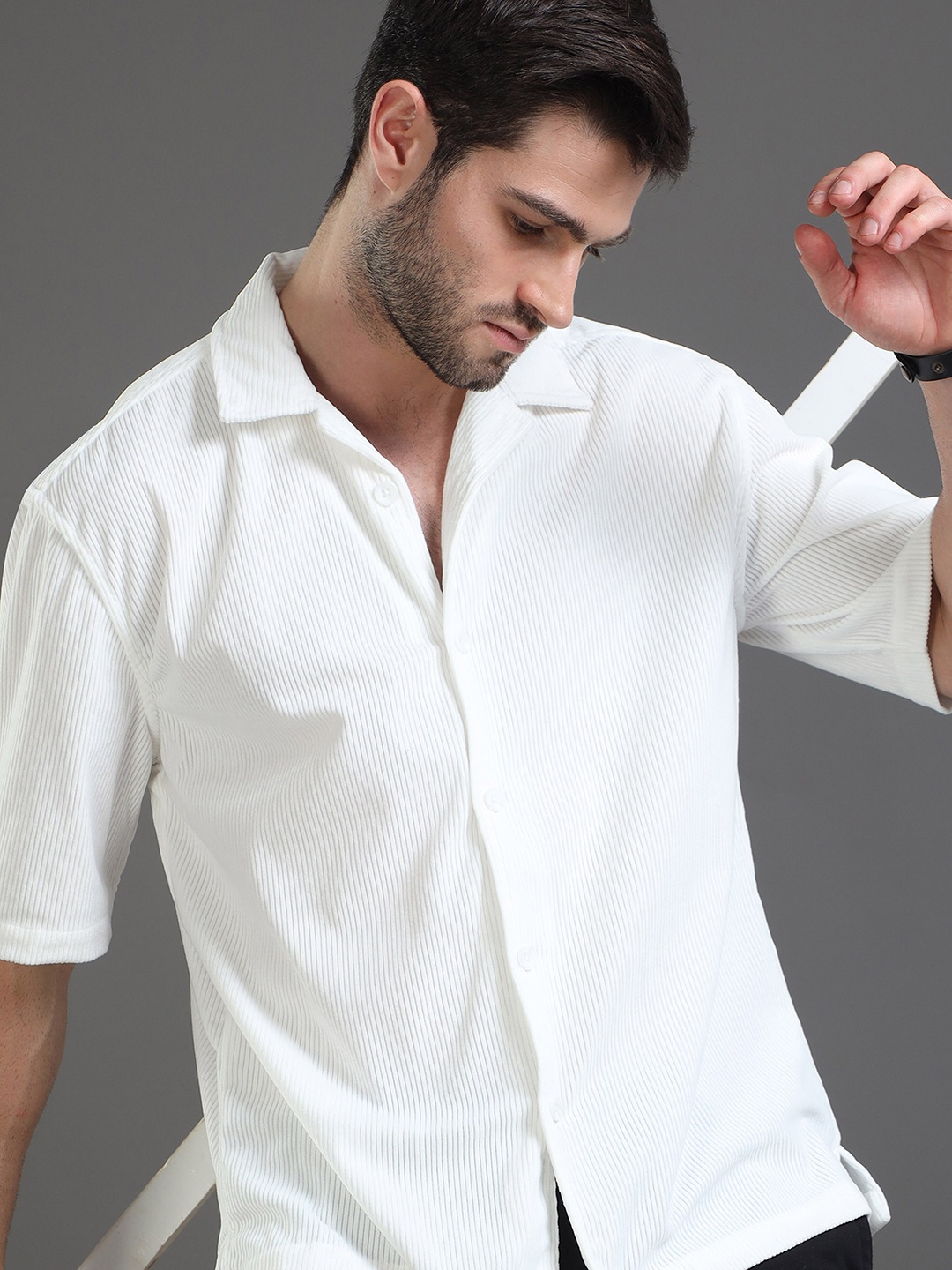 

HERE&NOW Self Design Corduroy Weave Oversized Casual Shirt, White