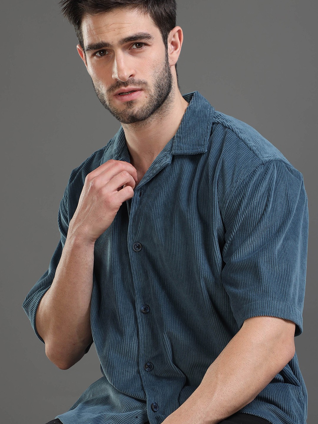 

HERE&NOW Self Design Corduroy Weave Oversized Casual Shirt, Blue