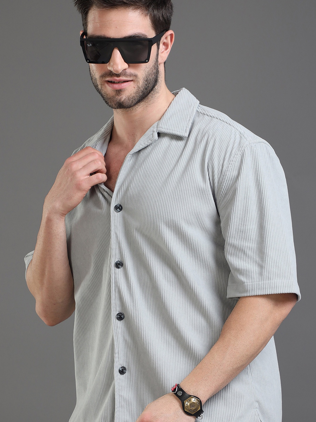 

HERE&NOW Self Design Corduroy Weave Oversized Casual Shirt, Grey