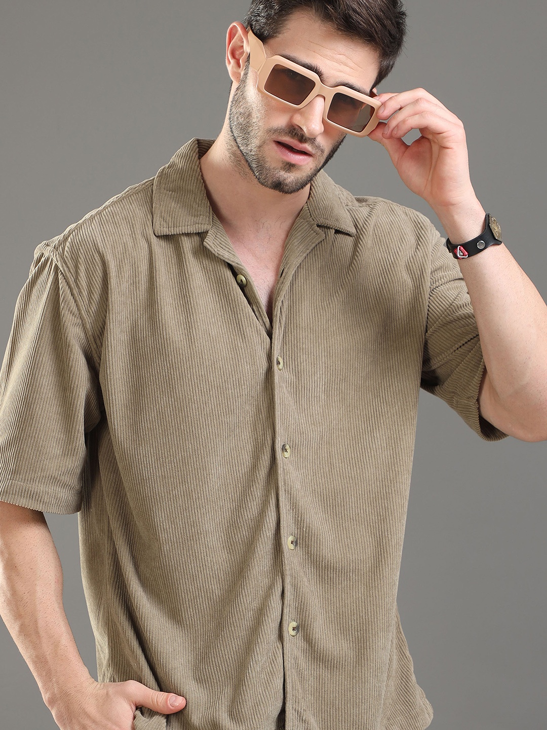 

HERE&NOW Self Design Corduroy Weave Oversized Casual Shirt, Khaki