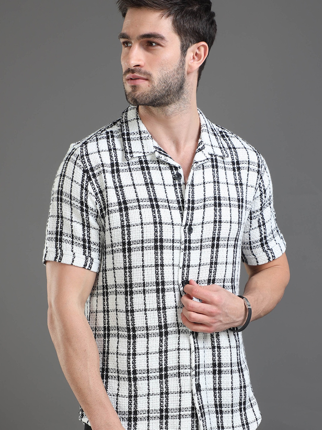 

HERE&NOW Slim Fit Tartan Checked Cotton Casual Shirt, White