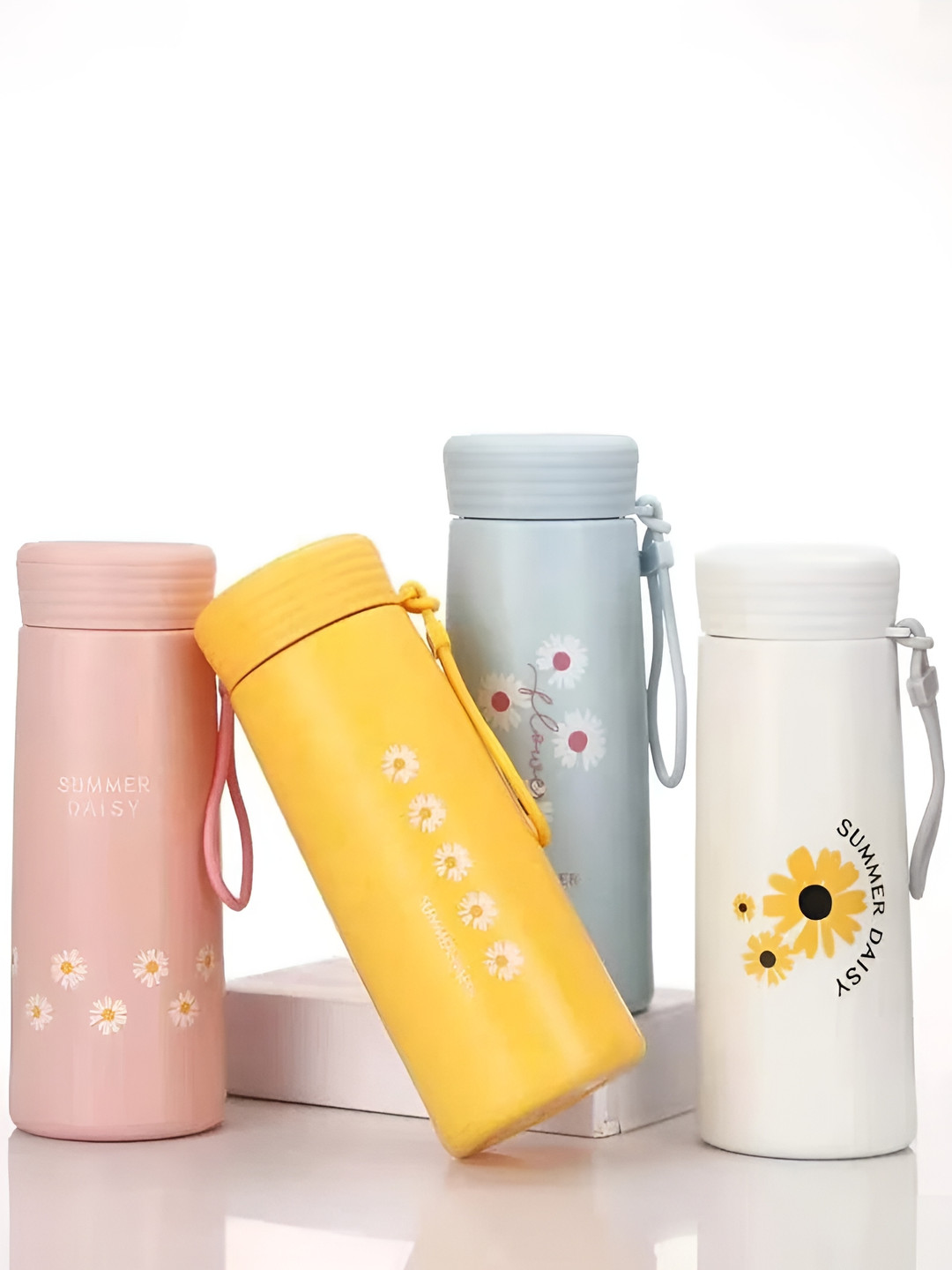 

WELOUR Yellow & Pink 4 Pieces Glass Printed Water Bottle 400ml