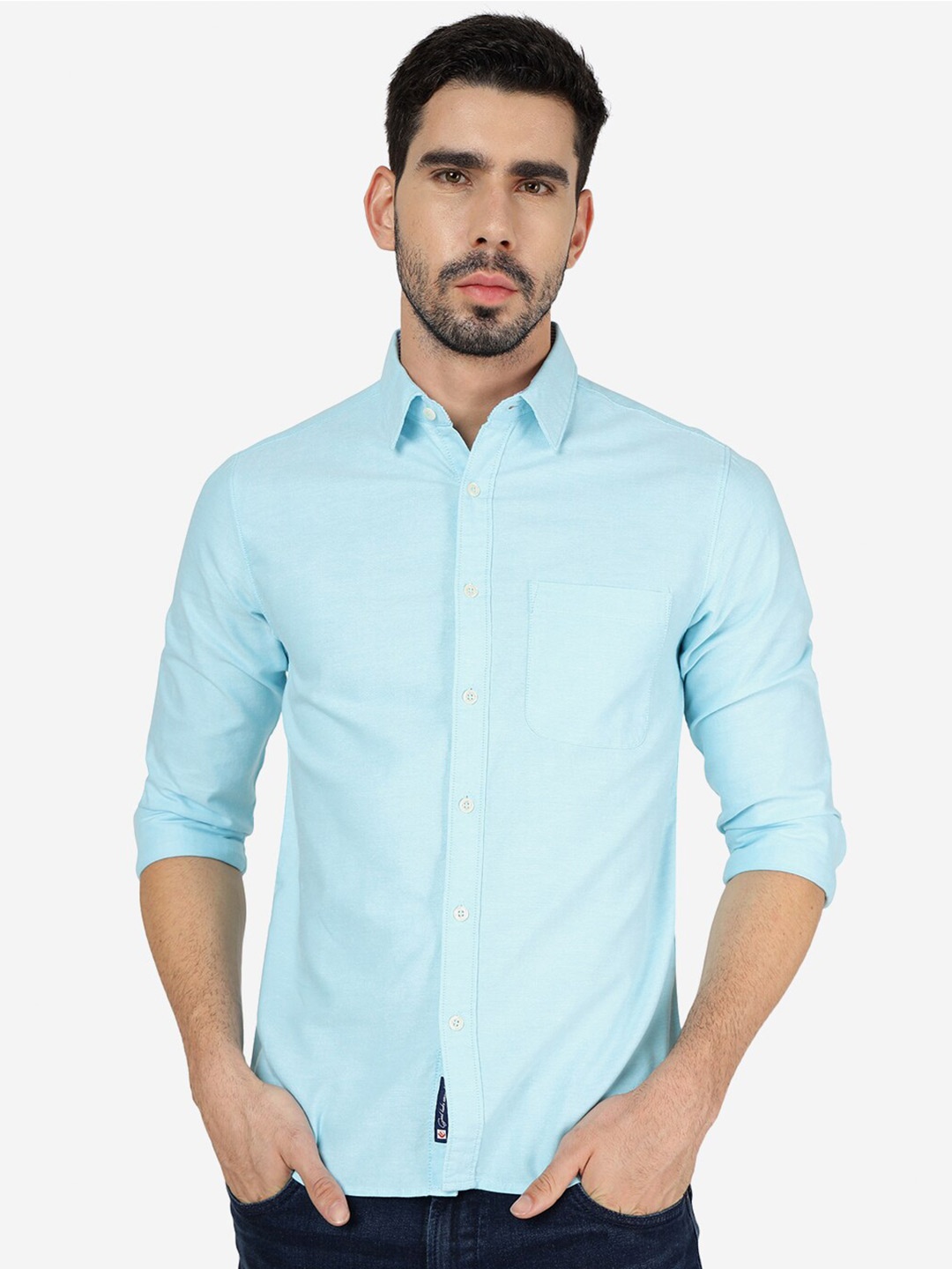 

Greenfibre Slim Fit Pure Cotton Cutaway Collar Casual Shirt, Blue