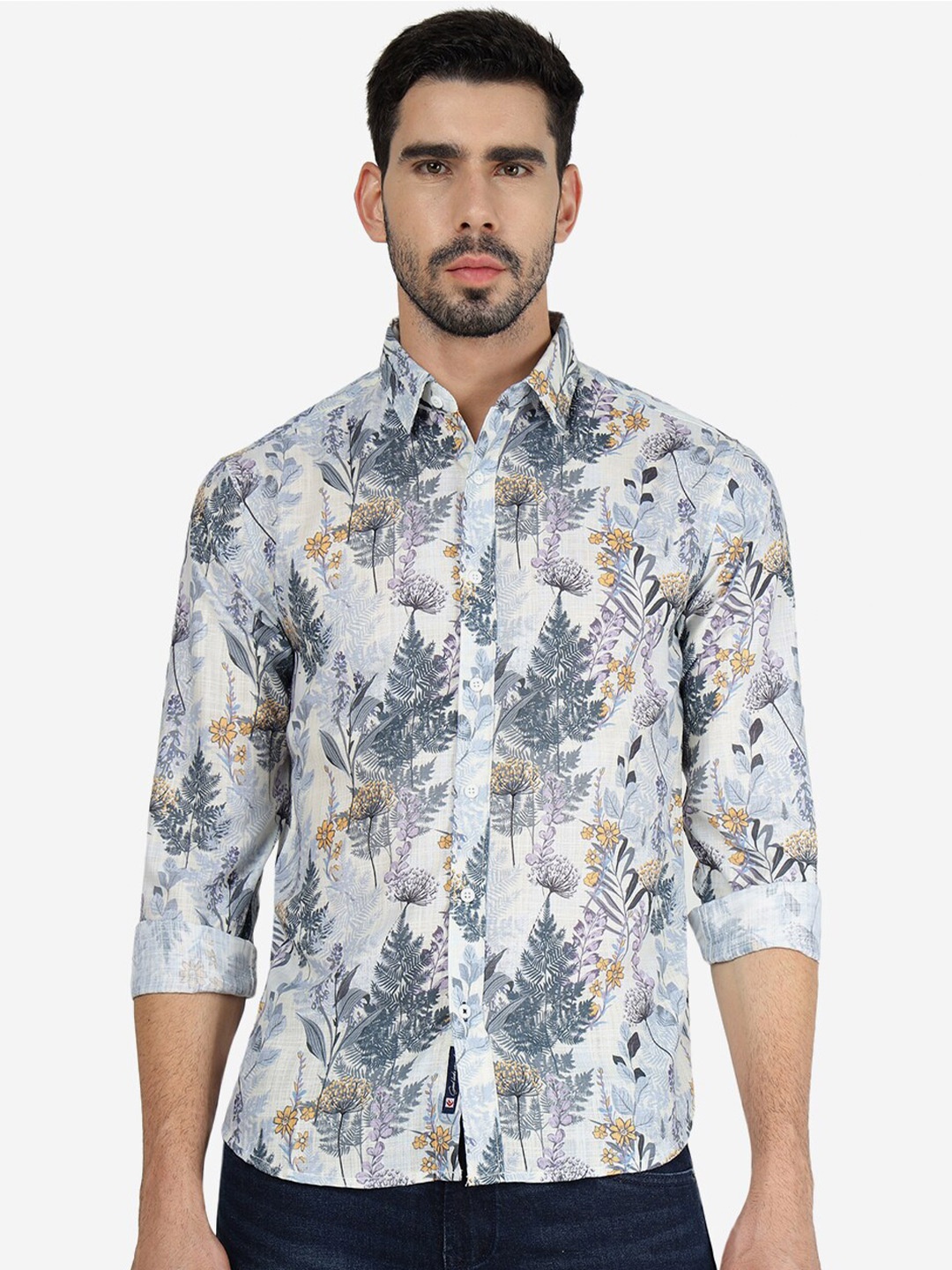 

Greenfibre Slim Fit Tropical Printed Cotton Shirt, White