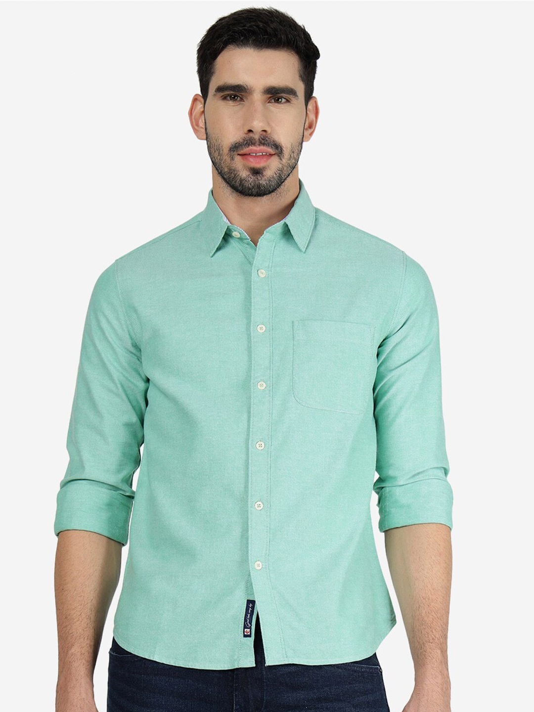 

Greenfibre Slim Fit Pure Cotton Cutaway Collar Casual Shirt, Green