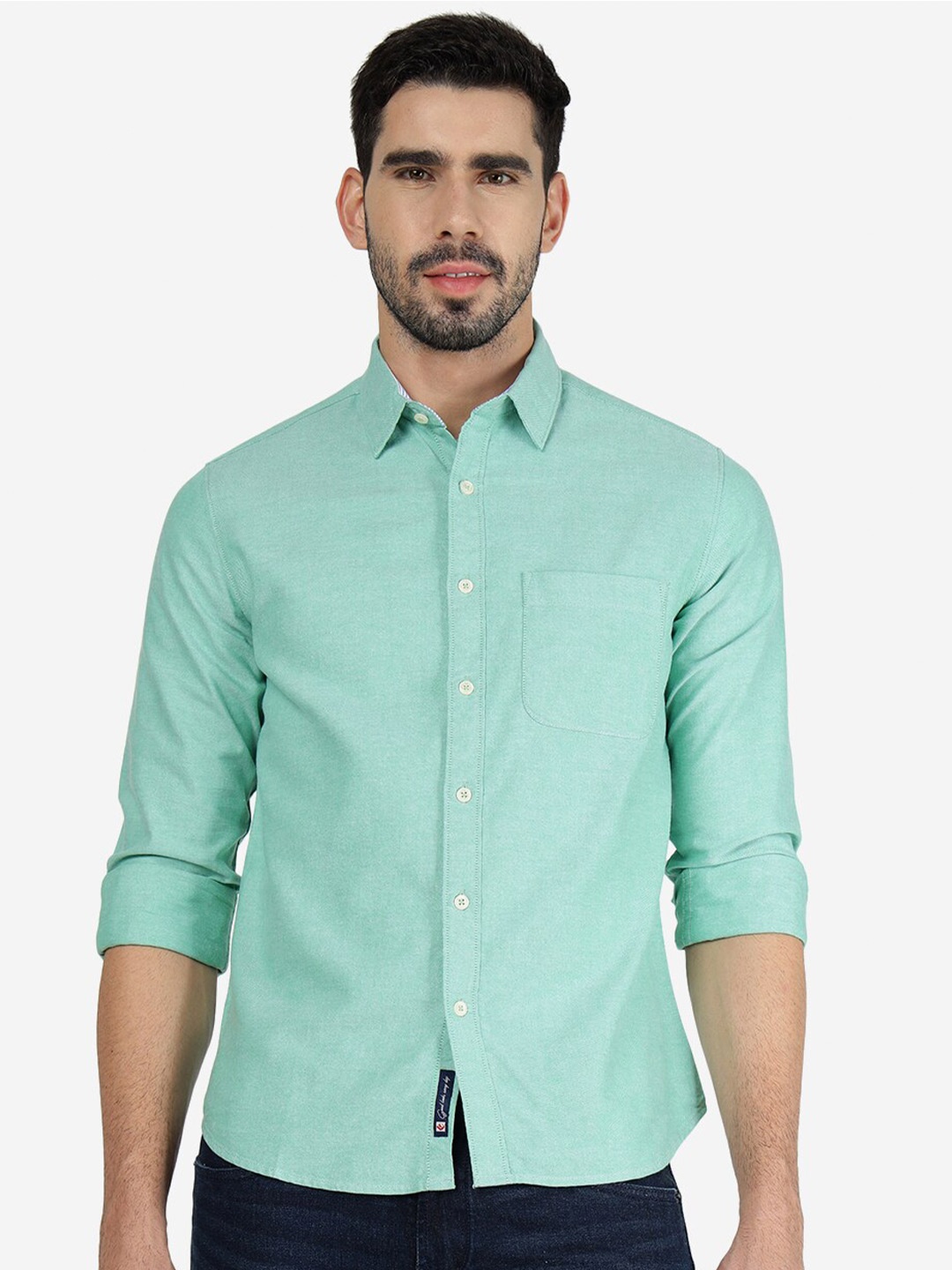 

Greenfibre Spread Collar Slim Fit Cotton Casual Shirt, Green