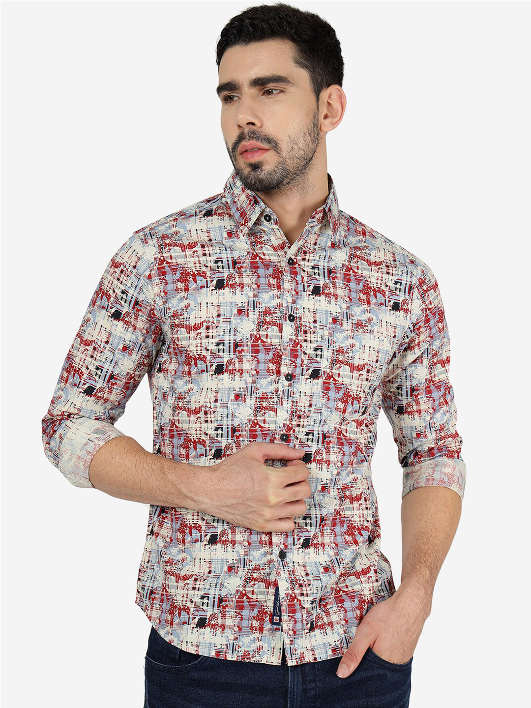 

Greenfibre Slim Fit Abstract Printed Cotton Shirt, Red