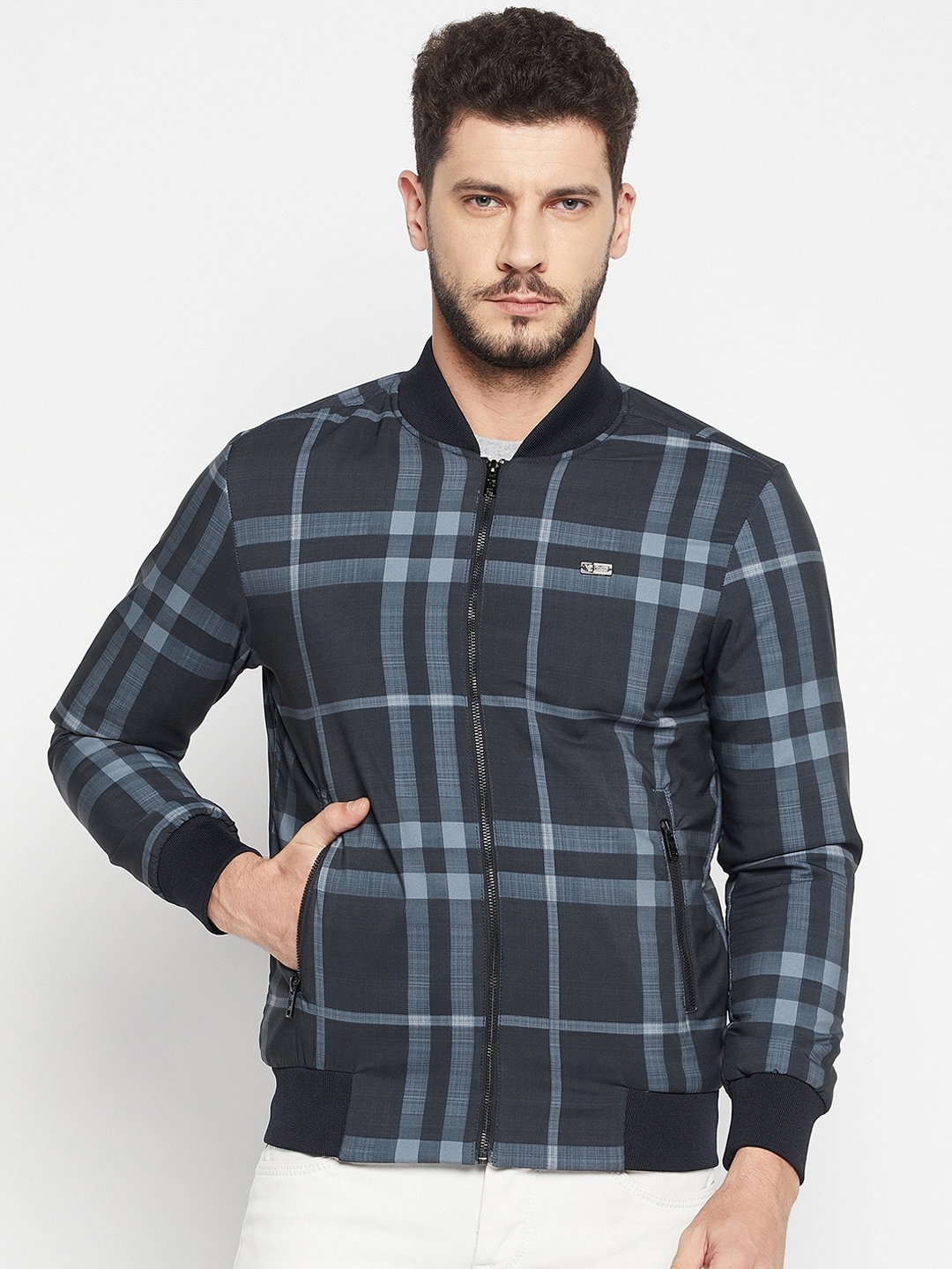 

Camey Checked Stand Collar Lightweight Bomber Jacket, Grey