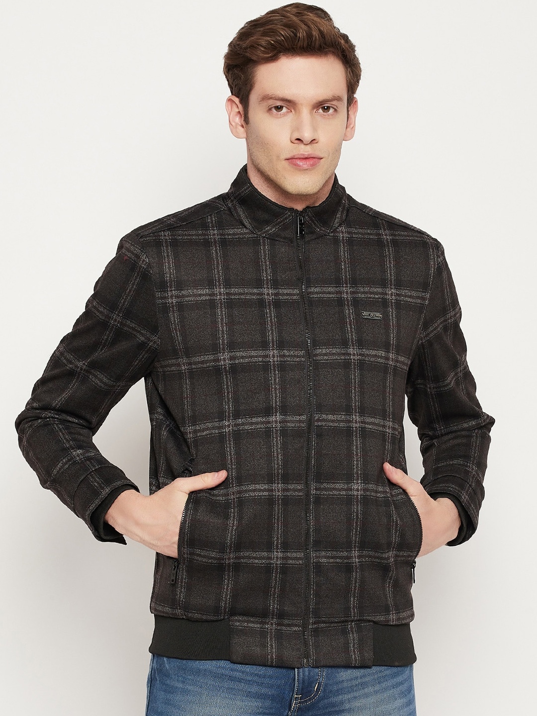 

Camey Checked Mock Collar Lightweight Bomber Jacket, Black