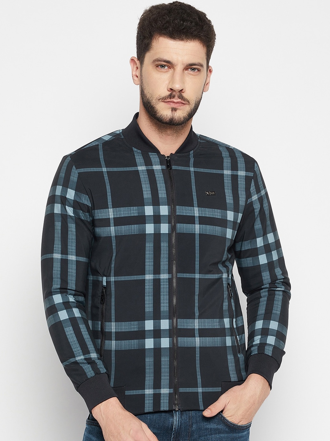 

Camey Checked Stand Collar Lightweight Bomber Jacket, Navy blue