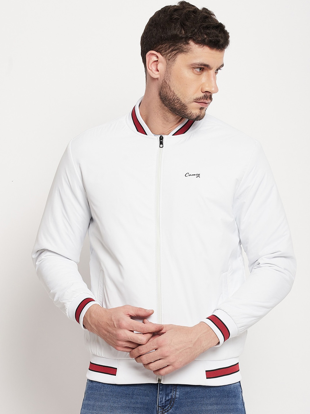 

Camey Stand Collar Lightweight Bomber Jacket, White