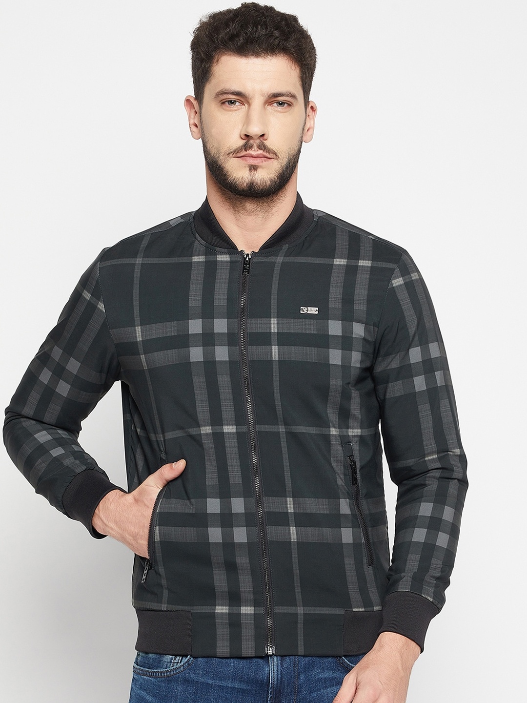 

Camey Checked Checked Long Sleeves Zip Detail Lightweight Bomber Jacket, Olive